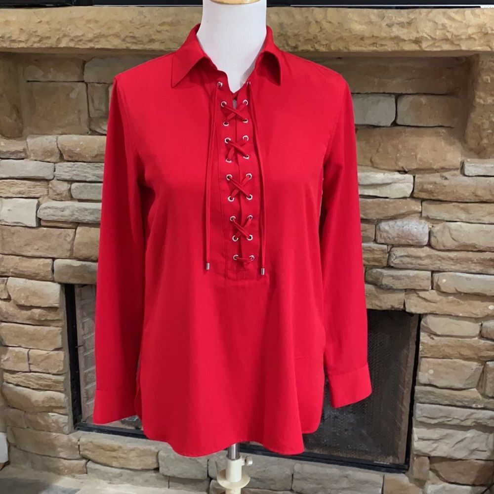 Lauren Ralph Lauren Women’s Lace Up Polyester Crêpe Red Tunic Top Size XS